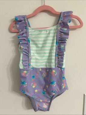 Girls' Purple Floral Ruffle One-Piece Swimsuit with Mint Stripes Ruffle Butts NW